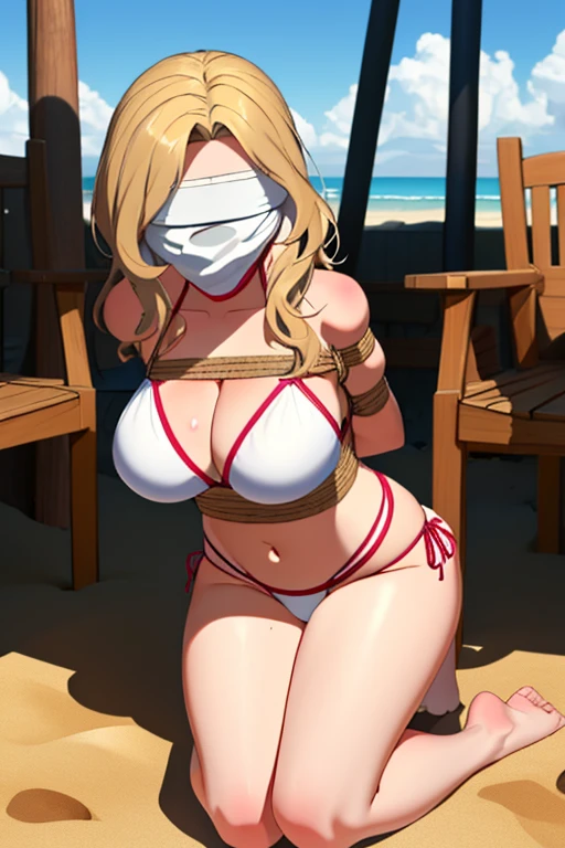 1 girl, detailed blue eyes, lange wimpern, detailed beautiful face, 4k quality, a Bit curly hair, (Long blonde hair:1.4), (arms behind back:1.6), gefesselte Arme, Red rope, (blushing:1.3), (Big breasts:1.6), (white Bikini, höschen mit seiten schnürung, 18 jears old:1.6), OTN, Gag, gagged, shibari, bondage, nah aufnahmen, Front view, on a beach, looking at the viewer, sitting in a beach chair, (blindfold:1.5)