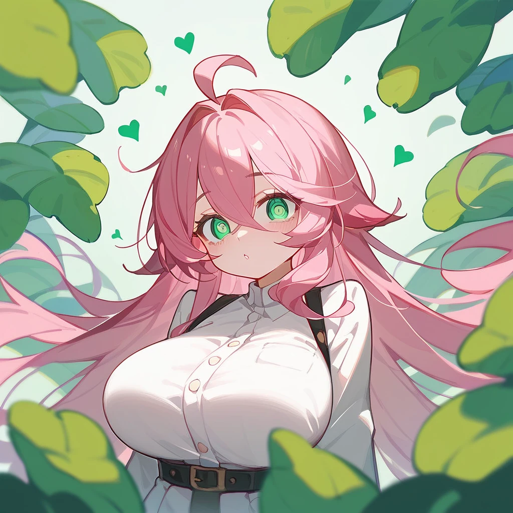 One 、Big Breasts、Pink Hair、Long Hair、Straight Hair、Ahoge、kind、Green heart eyes、Droopy eyes、Children's uncircumcised penis、Blowjob、Looking up、Smile、One Shota、First Person View