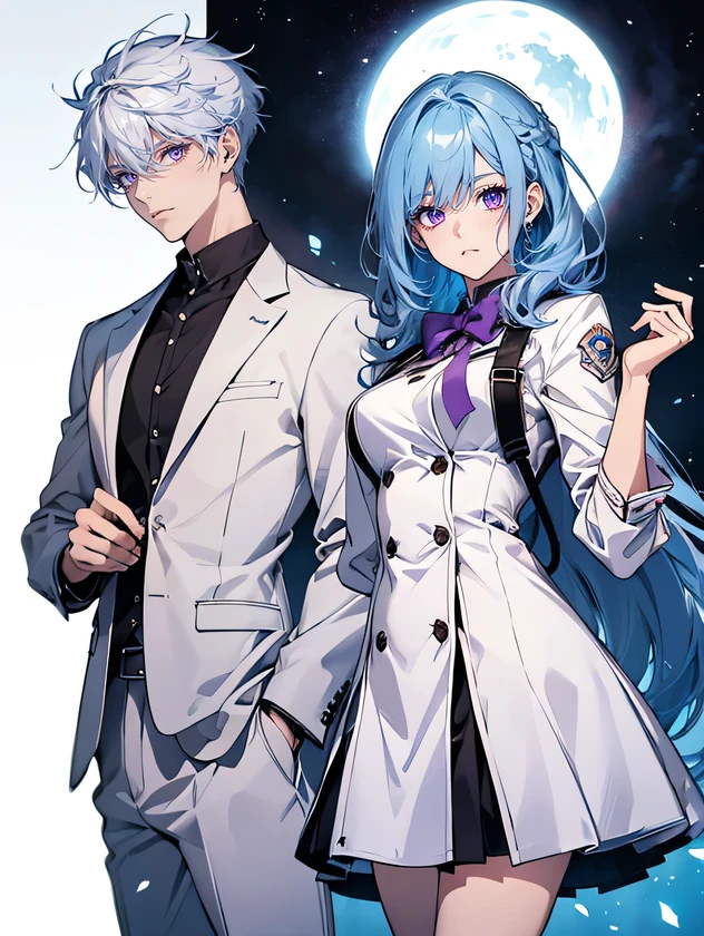 best quality, ultra-detailed, 4K, two characters, one man and one woman, both are exactly the same as shown in the image, they wearing high school uniforms, boy with messy white hair and purple eyes, girl with Sky-blue hair and eyes, ultra detailed image, refined, illustration, anime,