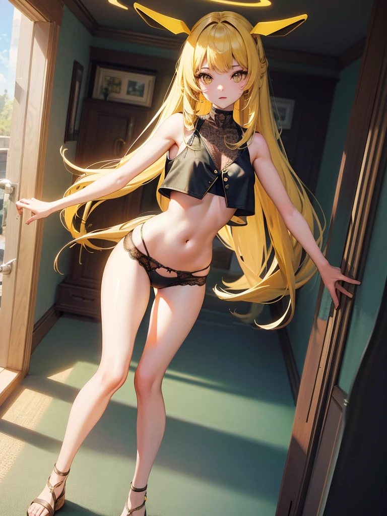 Head, standing in the hallway and wearing only lace panties, transparent,  crop top, yellow long hair, 3d