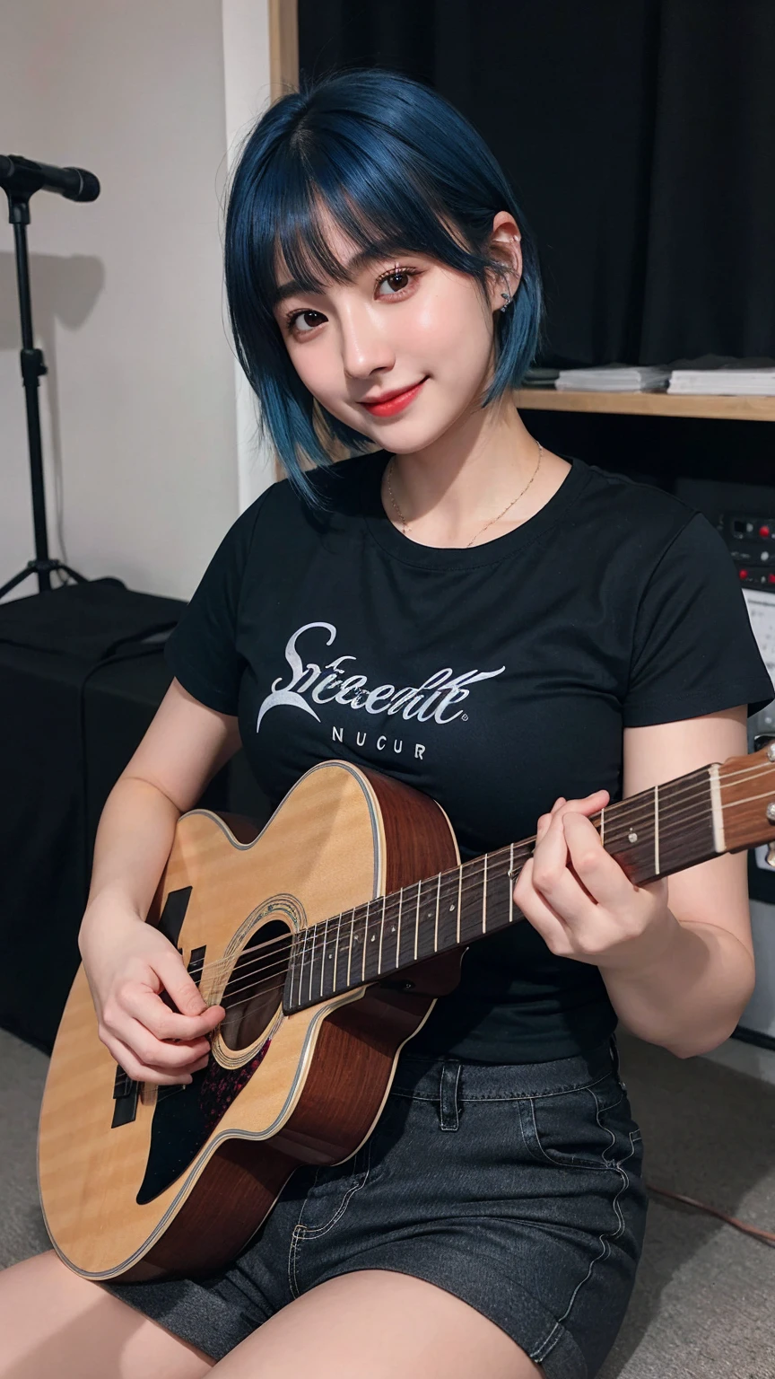 ((best quality)), photorealistic, photorealism, Photorealistic, high resolution, ((Wearing black shirt, short pants))、smile、A superb beauty、Super cute、ennui、Rare beauty、Very Short hair、Black Dark Eyeshadow、Sad、white skin、pale skin, Very short hair layered、Cute Makeup、Cute Smile、Fragrant beauty、Music studio background、Mastepiece、Best Quality、Refers to 5 books、Sweat glistening on my chest、Sweat glistening on my face、Medium breasts、Blue hair、Age 20 years old、Mysterious look、A sad expression、Blue Hair、Glamorous music studio、Sweating profusely all over the body、Plenty of sweat glistening on the thighs、A large amount of sweat glistens on my thighs、Sweating profusely、Gal、Medium breasts、Beautiful face、Alluring expression、Sitting、Sitting playing guitar、Thick thighs、Playing guitar、I have a guitar、Sing a song enthusiastically、Playing guitar in a band、Rock band、Playing guitar chords、Live House Background、Sing a song、Open your mouth、Live house scenery、Glamorous live stage、Dynamic Angle