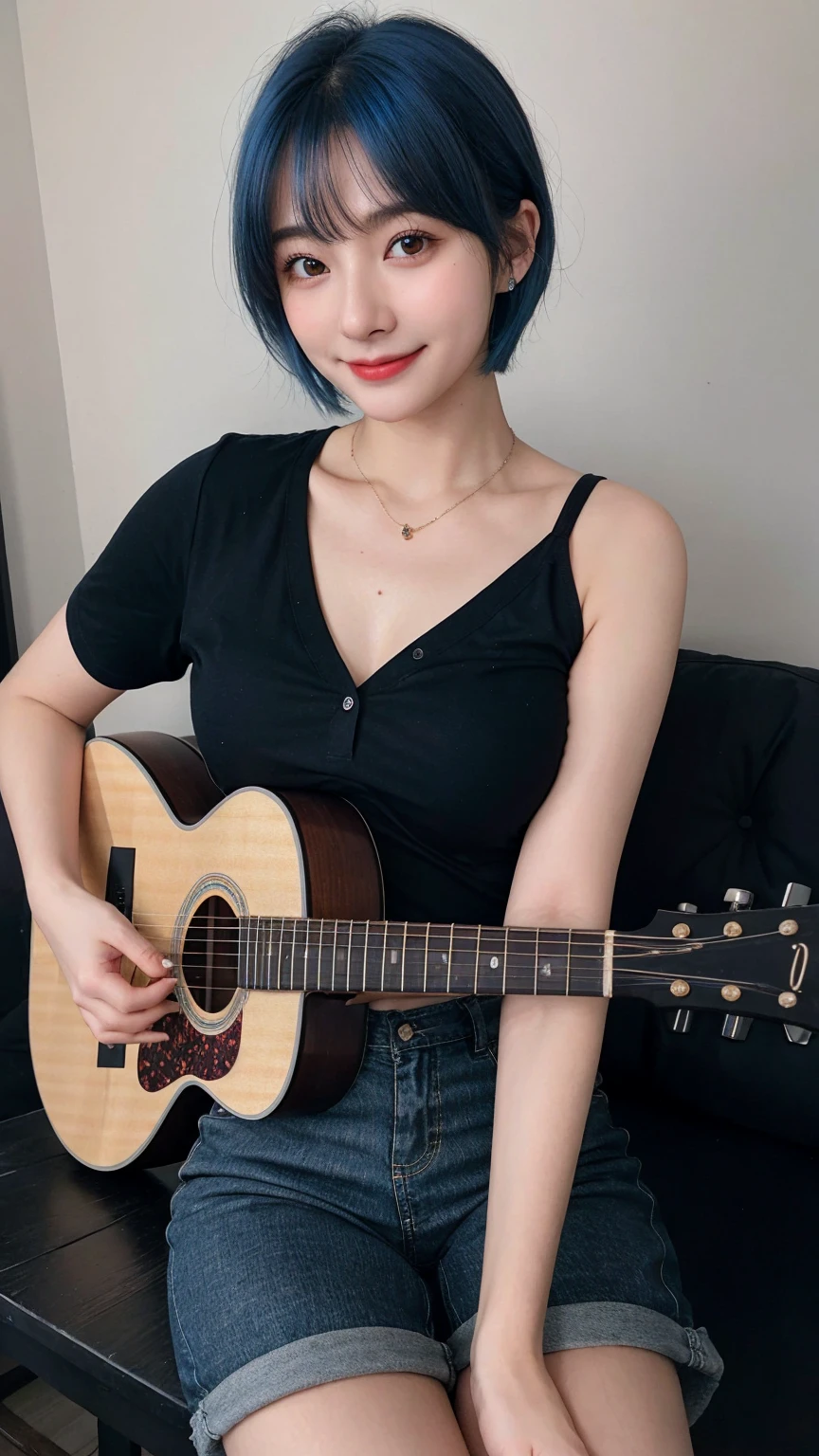 ((best quality)), photorealistic, photorealism, Photorealistic, high resolution, ((Wearing black shirt, short pants))、smile、A superb beauty、Super cute、ennui、Rare beauty、Very Short hair、Black Dark Eyeshadow、Sad、white skin、pale skin, Very short hair layered、Cute Makeup、Cute Smile、Fragrant beauty、Music studio background、Mastepiece、Best Quality、Refers to 5 books、Sweat glistening on my chest、Sweat glistening on my face、Medium breasts、Blue hair、Age 20 years old、Mysterious look、A sad expression、Blue Hair、Glamorous music studio、Sweating profusely all over the body、Plenty of sweat glistening on the thighs、A large amount of sweat glistens on my thighs、Sweating profusely、Gal、Medium breasts、Beautiful face、Alluring expression、Sitting、Sitting playing guitar、Thick thighs、Playing guitar、I have a guitar、Sing a song enthusiastically、Playing guitar in a band、Rock band、Playing guitar chords、Live House Background、Sing a song、Open your mouth、Live house scenery、Glamorous live stage、Dynamic Angle