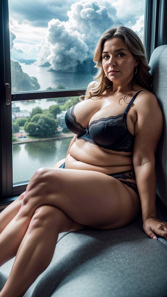 fat woman, 60 years old (((sitting near a window, split legs, showing her panties))), wide hips, beautiful, ((lingerie)), no abdominal muscles, (serious expression), giant breasts, (((cloudy sky, no sun))), grin, Fujifilm, cinematic lighting, award winning, masterpiece, 8k
