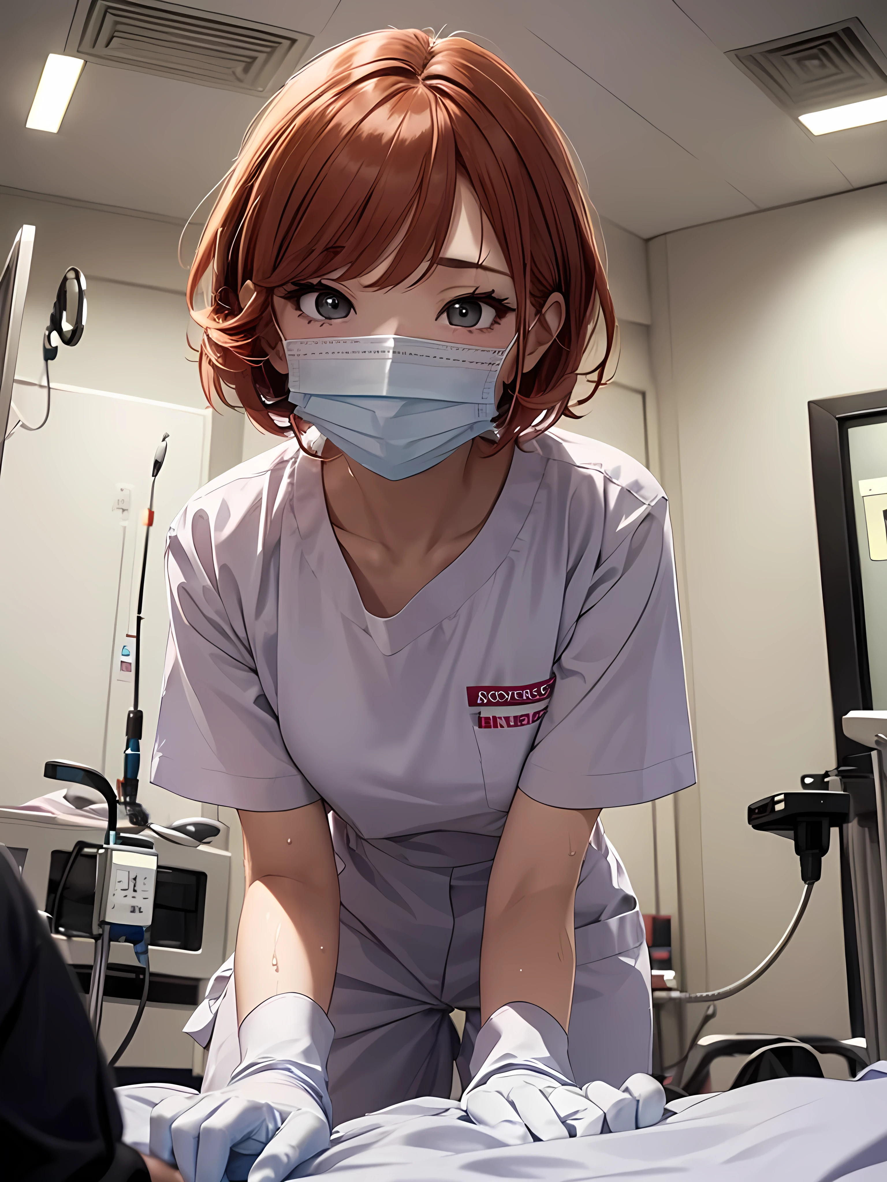 Beautiful young woman, Anime Style, Detailed face, Redhead, Wet Hair, Big eyes, pinkの目, Delicate features,One Girl, alone, nurse, pink, White gloves, Very short hair, Orange Hair, ((White surgical mask, Covered Nose)), Lying down, ((Hospital room)), Sharp contours, Short sleeve, Tomboy, boyish, Highest quality, masterpiece、No hat、erotic、sexy、pants、