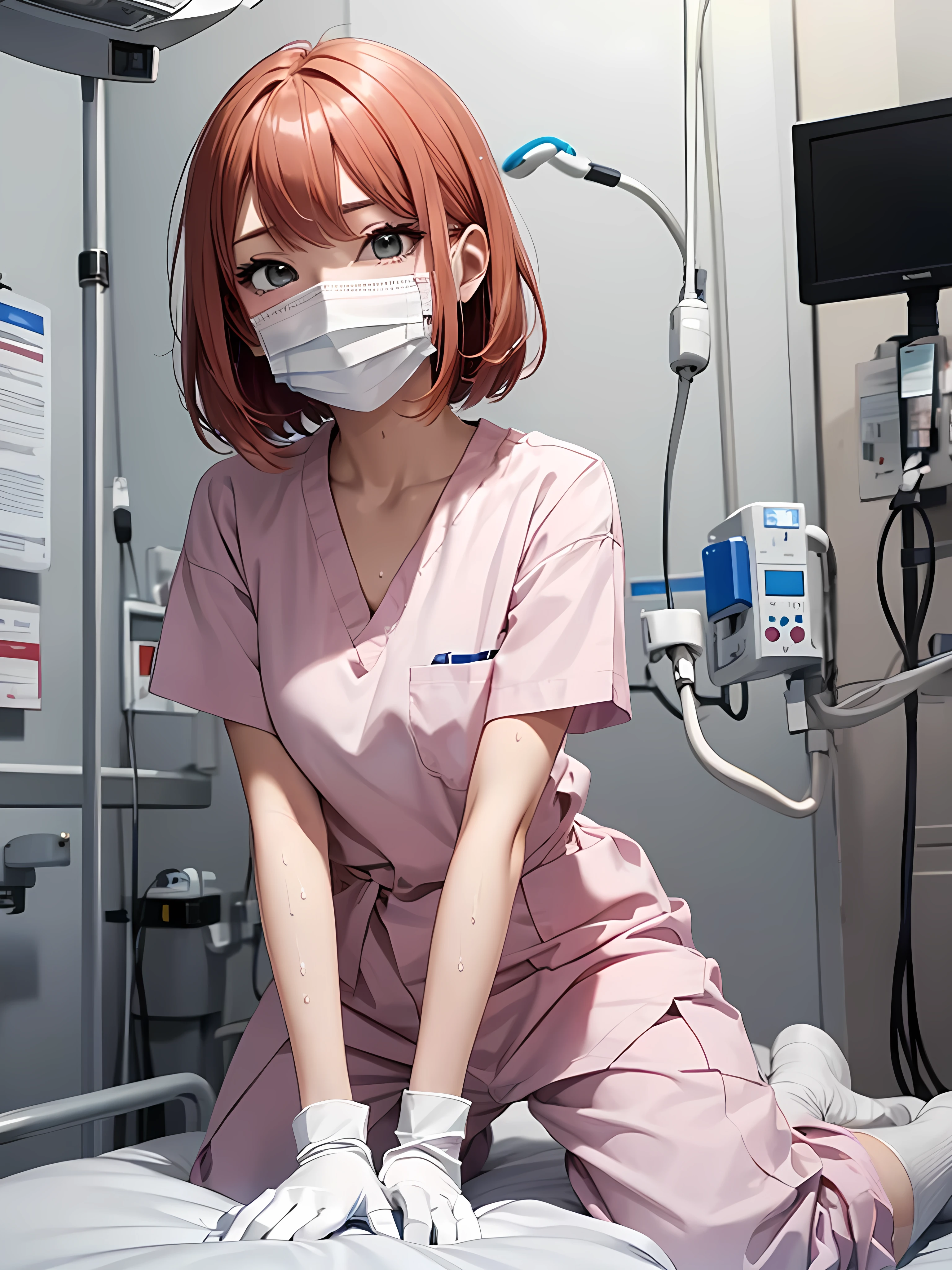 Beautiful young woman, Anime Style, Detailed face, Redhead, Wet Hair, Big eyes, pinkの目, Delicate features,One Girl, alone, nurse, pink, White gloves, Very short hair, Orange Hair, ((White surgical mask, Covered Nose)), Lying down, ((Hospital room)), Sharp contours, Short sleeve, Tomboy, boyish, Highest quality, masterpiece、No hat、erotic、sexy、pants、