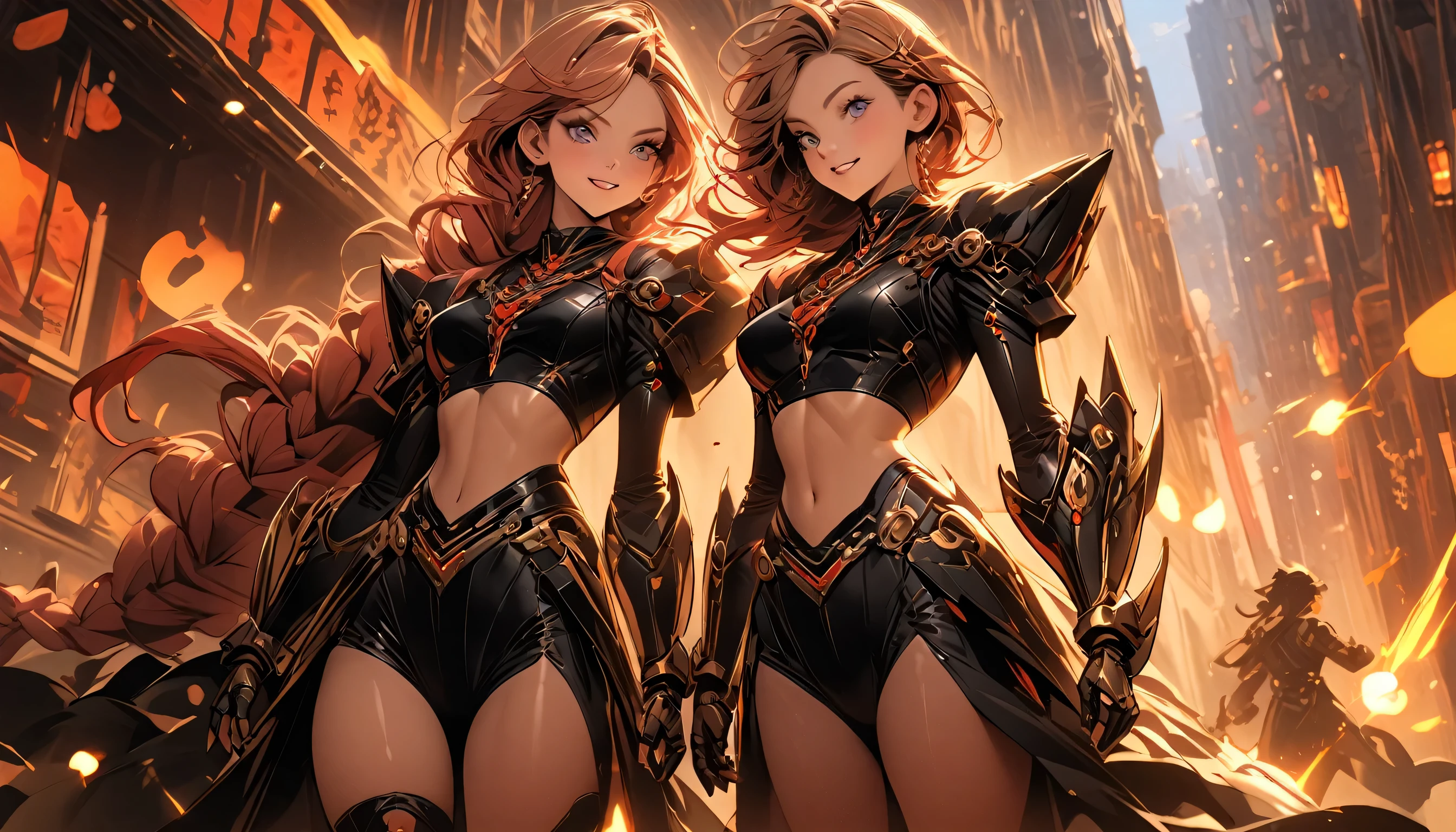 1girl, solo, masterpiece, best quality, 8k, detailed skin texture, detailed polished metal textures, light reflections off of metal surfaces, highly-detailed eyes, extremely detailed face, intricately detailed auburn hair, ultra-detailed mecha exoskeleton, beautifully detailed body, insanely detailed background, bold colors, A stunningly beautiful, extremely fit girl, with a long braided ponytail, wearing full body mechanized body armor is firing two hand cannons. (((Streaks of bright red and orange are coming out of the barrels of both weapons))) (((along with fire and smoke from the bullets exiting the guns at high velocity))). (She has large bright blue eyes):1.3, (a button nose, perfectly shaped lips):1.2, and (immaculate, flawless, brilliant-white teeth):1.15, (((gritted in determination as she battles her enemies))). (((She has a lean waist, an extremely toned midriff):1.31, slender thighs):1.32, slim calves):1.19, and (flawless large breasts):1.42, (there are laser bolts and explosions all around her):1.33, and the scene is very (chaotic:1.3), detailed line work and delicate, flowing brushstrokes, giving the artwork a dreamlike and ethereal quality the art style is heavily influenced by traditional Japanese art and calligraphy, as well as Western art movements such as Art Nouveau and Surrealism, incorporating intricate patterns and decorative elements into the artwork, as well as motifs from nature such as predators, lightning, and fire, featuring a bold palette and vivid shades of red, blue, green, and purple, also using silver and gold mettalic accents to add a sense of opulence and regality.  (((cinematic movie still, masterpiece, best quality, absurd resolution, 8k, Monte Carlo Ray Tracing:1.2, path traced subsurface scattering))), (((HDR, UHD, volumetric lighting, Unreal Engine 5, Unity Engine, Blender, octane render))), (((exquisite subject composition and use of lighting:1.4, exceptional, award-winning shading:1.38, sharp focus:1.35, low angle, 

