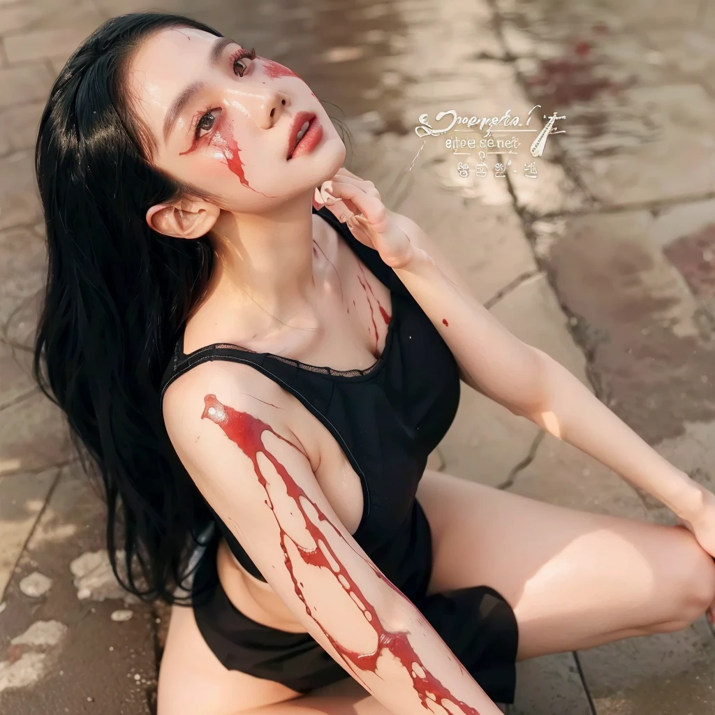 arafed woman with Sangre on her arm and chest sitting on the ground, Sangre on body, cruel chica gótica coreana, goteo de piel, Sangrey, Sangre splatter on the sides, covered in Sangre, rain of Sangre, pale woman covered with Sangre, red Sangre, inspirado en Kim Deuk-sin, [[Sangre]], [ fotografía realista ], cosplay realista