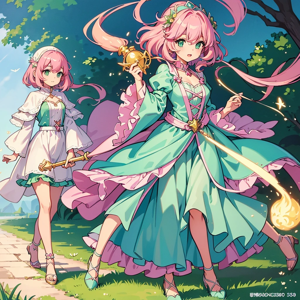 Highest quality, Best Quality,Best illustrations、(Pink Hair)、(Green witch outfit)、(Grab the magic wand)、(The magic of light)、(White background)、(Medium Hair、30 years old)、(Full body character concept)