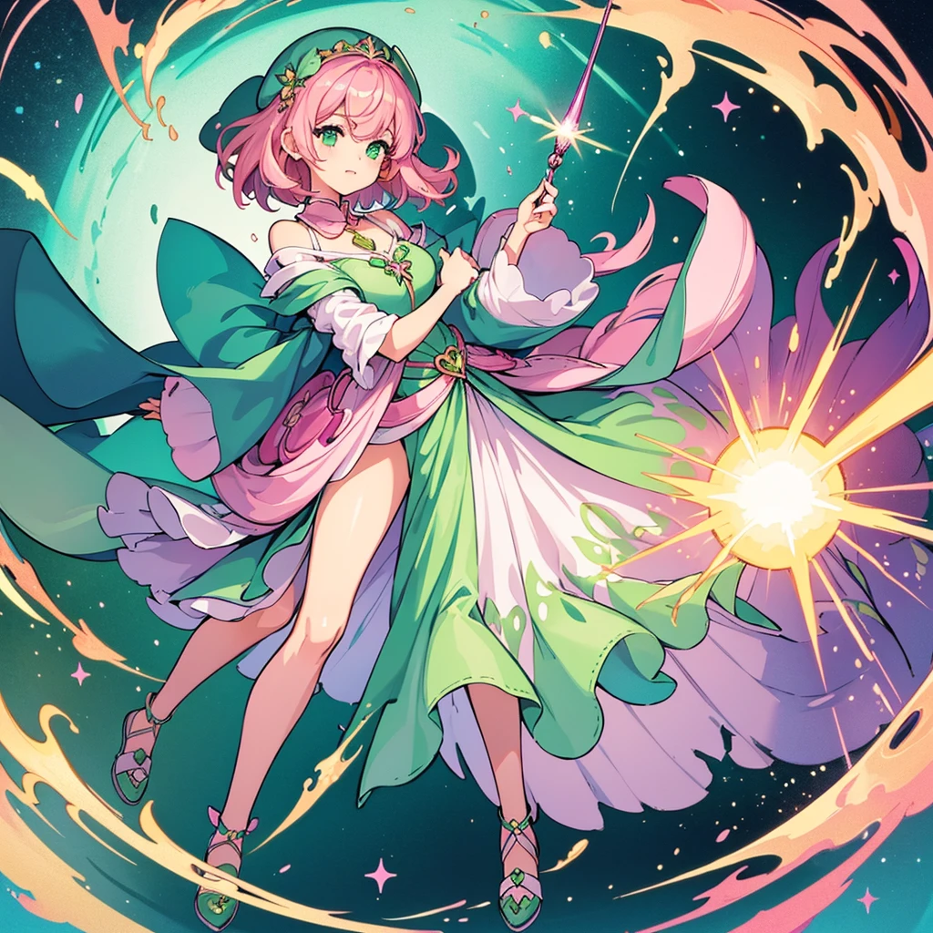 Highest quality, Best Quality,Best illustrations、(Pink Hair)、(Green witch outfit)、(Grab the magic wand)、(The magic of light)、(White background)、(Medium Hair、30 years old)、(Full body character concept)