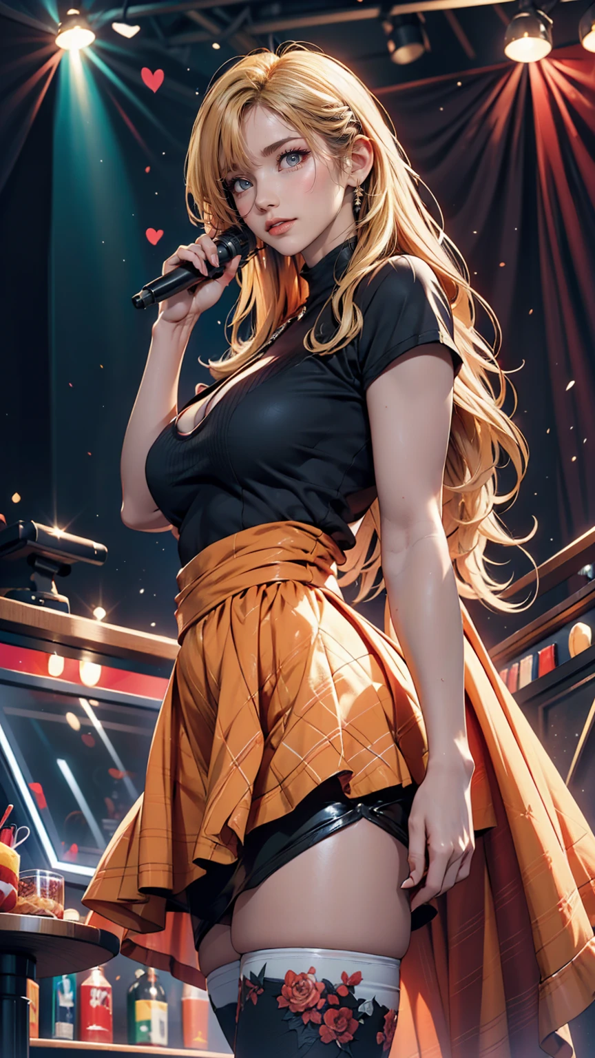 Manga style, Joe Madureira Style Line Art, Very attractive girl, woman, X-MENのTシャツを着たwoman, American heritage, Blonde, Bright red eyes, Proud look, Standing in a nightclub and singing,SNTHWVE STYLE, nvinkpunk, Dusky Pie