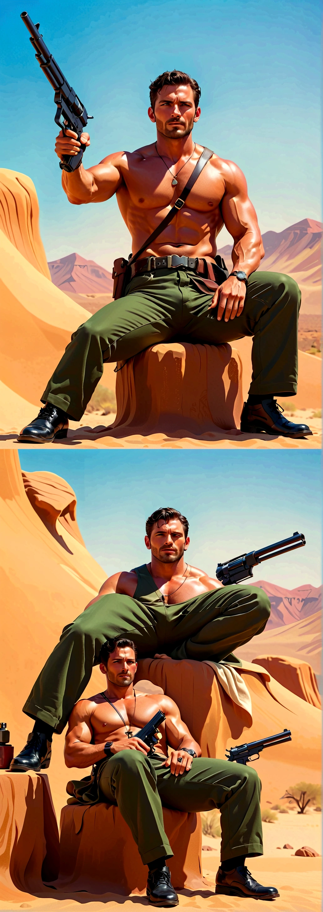 1 man,open leg,sit down, with gun