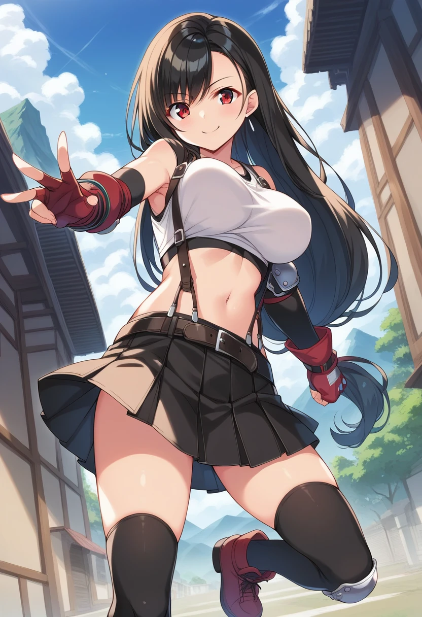 ,2020s_(style),,core_9, score_8_up, score_7_up,score_6, score_5,rating_safe BREAK , (from front),front view,Dutch angle,(breast focus),standing,fighting pose,((leg up,kick)),(medium shot),looking_at_viewer ,1girl, tifa lockhart, final fantasy, tareme,black hair, low-tied long hair, red eyes, bangs, (white tank top, belt, pleated skirt, thighhighs, elbow fingerless gloves, elbow pads, midriff, navel,suspender skirt) ,large_breasts,(light smile),,,Solo,,(daytime and outdoor and mountain),hyper detailed,beautiful,(best quality),(aesthetic,very aesthetic),studio anime,highly detailed,super fine illustration,anime screencap ,soro focus,depth of field,,professional lighting,cinematic lighting