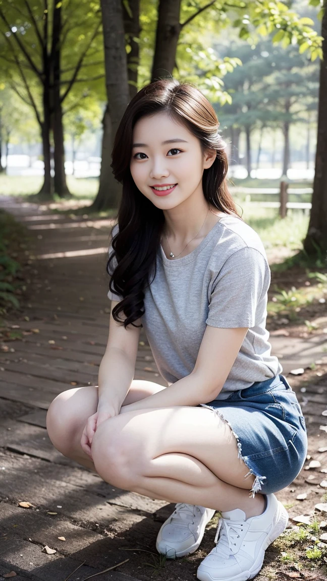 masterpiece, best quality, Surreal, Ultra Detailed, 8k resolution, RAW photos, Clear focus, (A girl in the forest), pretty girl, (Casual Hairstyle, plum bossom:1.2), (( ((light gray shirt:1.1)), Short sleeve)),shorts,Wear high-end brand travel shoes, Ultra-thin face, Delicate eyes, Double eyelids,Smile,Full body posture, Solitary, Perfect body, Become a, 32 inches in the chest,32 inches in the chest,(a charming smile:1), (sexy pose),Perfect body,Long hair, Smile的面孔, Medium breasts, Hair is a bit messy,direct sun light, high resolution, Reality