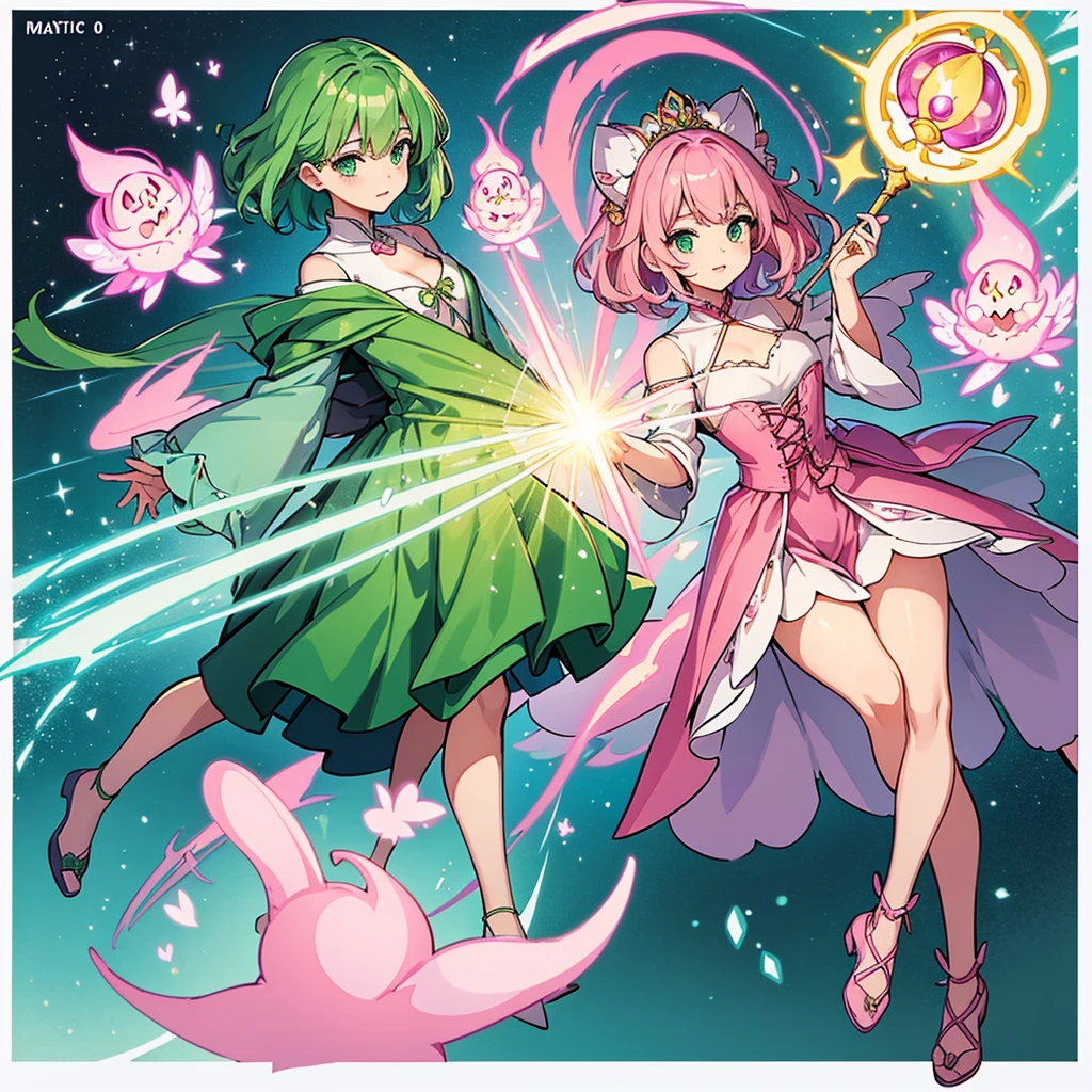Highest quality, Best Quality,Best illustrations、(Pink Hair)、(Green witch outfit)、(Grab the magic wand)、(The magic of light)、(White background)、(Medium Hair、Mature 30 years old、Sharp Eye)、(Full body character concept)