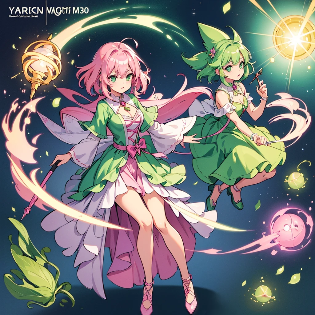 Highest quality, Best Quality,Best illustrations、(Pink Hair)、(Green witch outfit)、(Grab the magic wand)、(The magic of light)、(White background)、(Medium Hair、Mature 30 years old、Sharp Eye)、(Full body character concept)