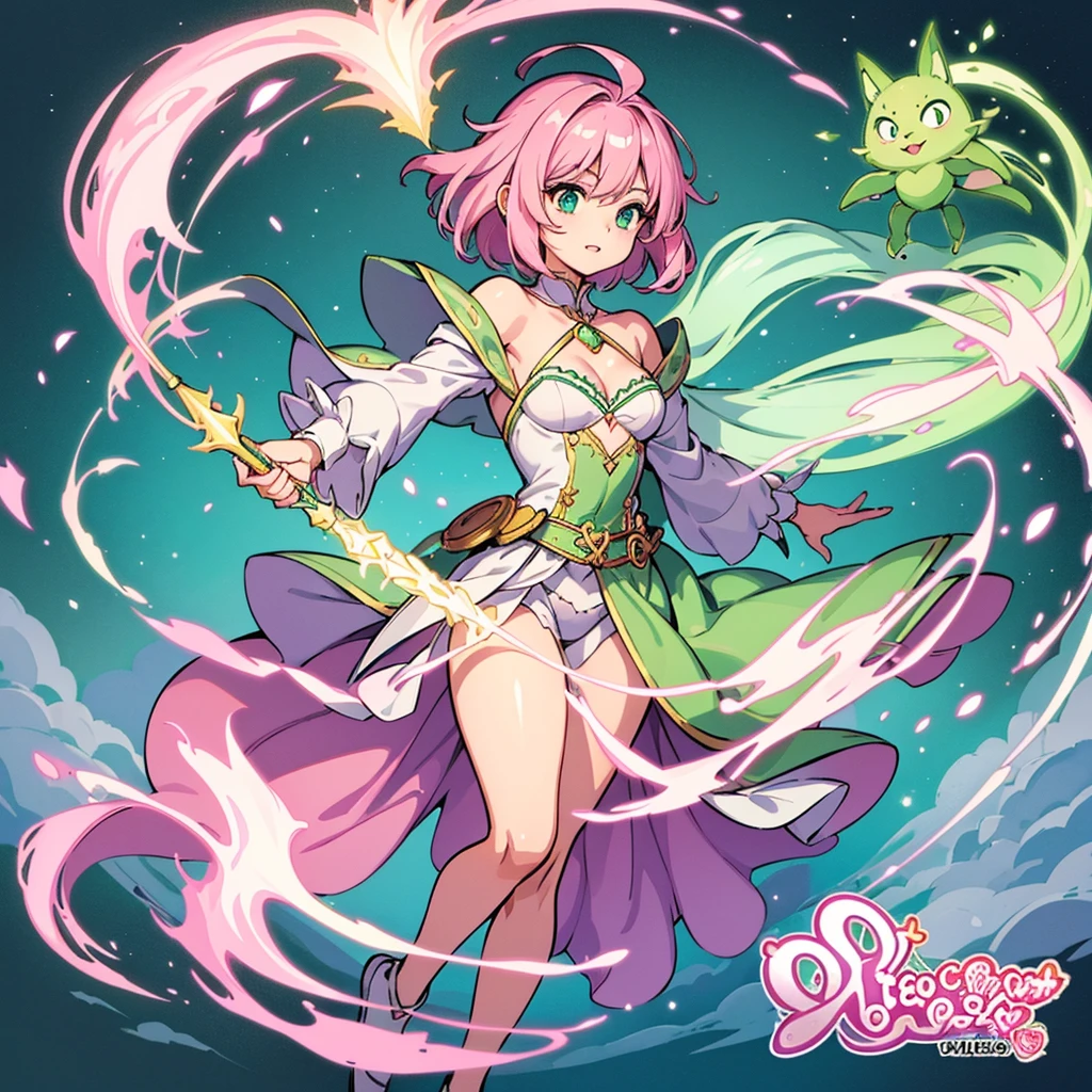 Highest quality, Best Quality,Best illustrations、(Pink Hair)、(Green witch outfit)、(Grab the magic wand)、(The magic of light)、(White background)、(Medium Hair、Mature 30 years old、Sharp Eye)、(Full body character concept)