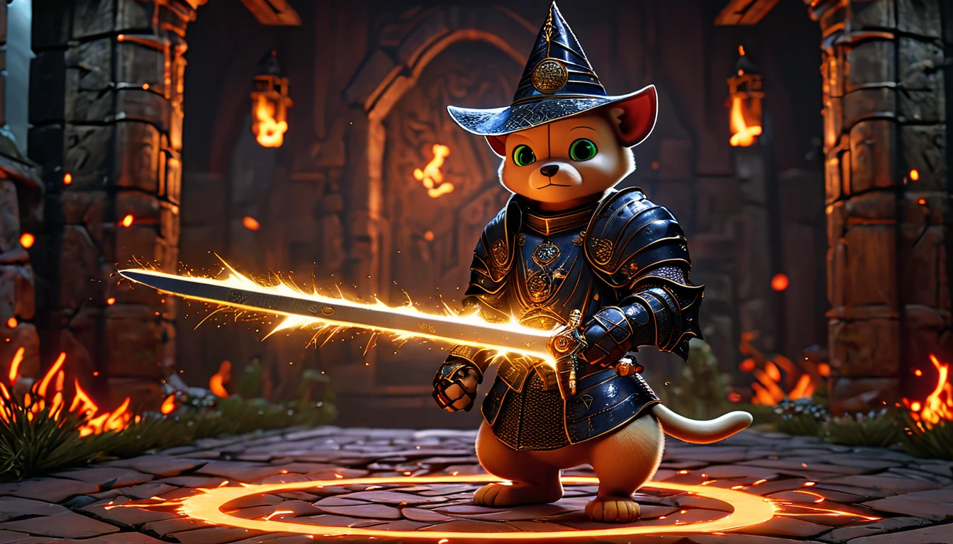 ((four characters)), (cat knight, black armor, holding a sword surrounded by flames), (monkey martial artist, striking a fighting pose with lightning fists), (bush dog samurai, black armor, holding a Japanese sword in each hand), (green parrot wizard, wizard's hat and robe, wand in each hand, with a purple magic circle coming out of the tip of his wand). ), in dungeon, twilight, 4K, 3dcg, sparks flying, high resolution, masterpiece, high quality, super detailed, ultra detailed, ultra realistic, fantasy world, dragon quest like world, medieval european world, drone with top angle, 3d fluffy, cute big round reflective eyes, Pixar rendering, Unreal Cinematic Smooth Engine, elaborate detail, Unreal
