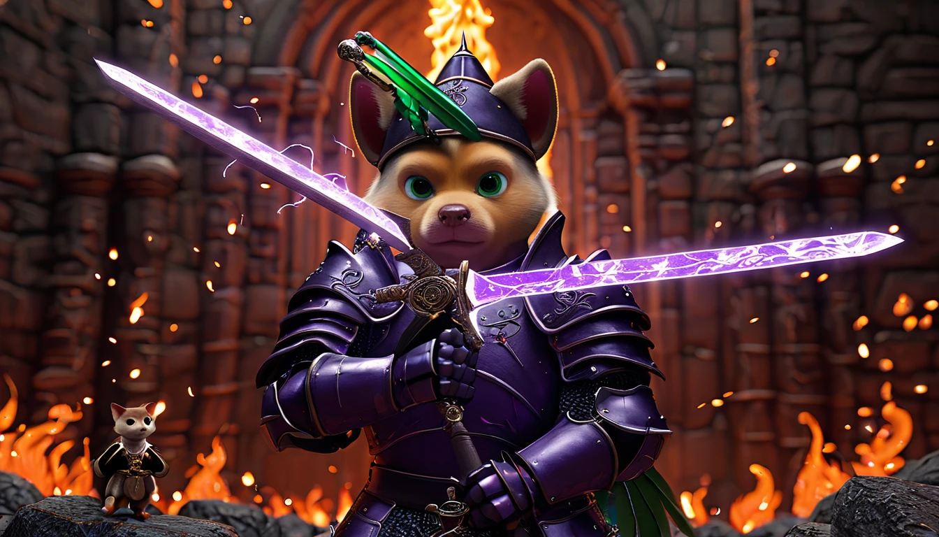 ((four characters)), (cat knight, black armor, holding a sword surrounded by flames), (monkey martial artist, striking a fighting pose with lightning fists), (bush dog samurai, black armor, holding a Japanese sword in each hand), (green parrot wizard, wizard's hat and robe, wand in each hand, with a purple magic circle coming out of the tip of his wand). ), in dungeon, twilight, 4K, 3dcg, sparks flying, high resolution, masterpiece, high quality, super detailed, ultra detailed, ultra realistic, fantasy world, dragon quest like world, medieval european world, drone with top angle, 3d fluffy, cute big round reflective eyes, Pixar rendering, Unreal Cinematic Smooth Engine, elaborate detail, Unreal