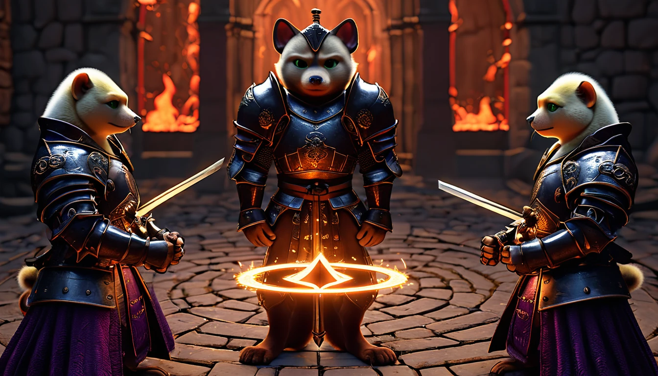 ((four characters)), (cat knight, black armor, holding a sword surrounded by flames), (monkey martial artist, striking a fighting pose with lightning fists), (bush dog samurai, black armor, holding a Japanese sword in each hand), (green parrot wizard, wizard's hat and robe, wand in each hand, with a purple magic circle coming out of the tip of his wand). ), in dungeon, twilight, 4K, 3dcg, sparks flying, high resolution, masterpiece, high quality, super detailed, ultra detailed, ultra realistic, fantasy world, dragon quest like world, medieval european world, drone with top angle, 3d fluffy, cute big round reflective eyes, Pixar rendering, Unreal Cinematic Smooth Engine, elaborate detail, Unreal
