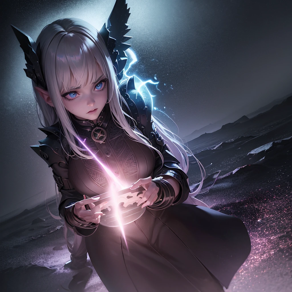 intricate detailed fantasy portrait of a cryptic girl casting a spell, girl with intense eyes and mystic expression, wastelands landscape, energy sparks up from the ground and connects to the girl, girl channeling energy blast, dark moody atmosphere, dynamic dramatic lighting, digital art, cinematic, (best quality,8k,masterpiece:1.2),ultra-detailed,(realistic,photorealistic,photo-realistic:1.37),volumetric lighting,chiaroscuro,moody colors,dark fantasy,surreal
