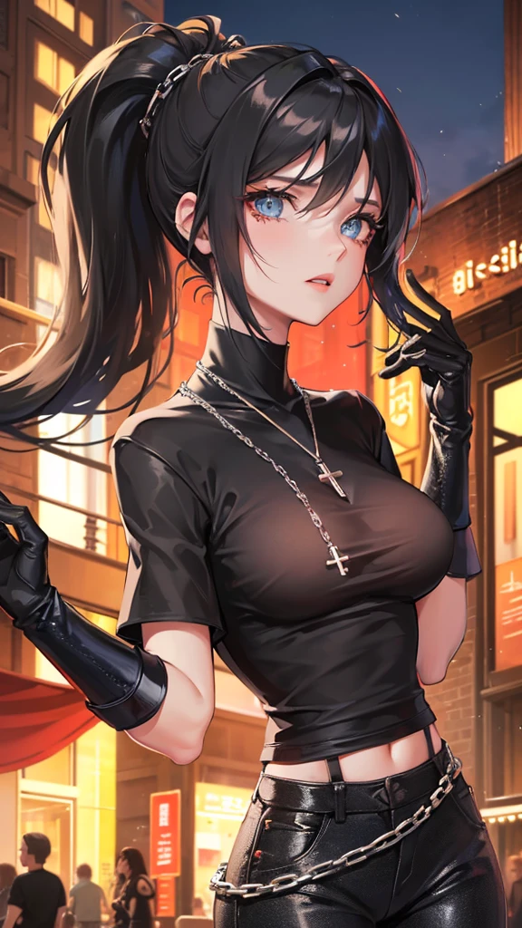 Photograph of the upper body of a beautiful woman, , big breasts), (small waist, perfect body), Sharp focus, (tall body, mature woman), ((Looking ahead)), (Highly detailed skin, hair follicles:1.4,) (long ponytail hairstyle, blue eyes) , (black t-shirt:1.47),(green pants),chain , There are tears. , Cross necklace , wearing a black leather jacket, cross chain, city scenery , punk , night light , high quality ,cold expression, one leather gloves , biker style