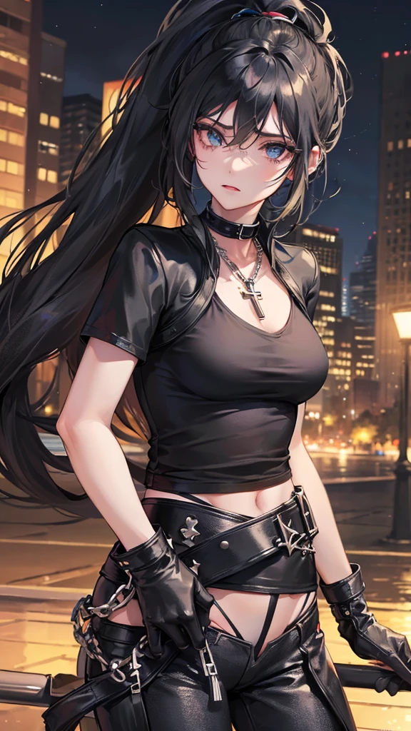 Photograph of the upper body of a beautiful woman,  , big breasts), (small waist, perfect body), Sharp focus, (tall body, mature woman), ((Looking ahead)), (Highly detailed skin, hair follicles:1.4,) (long ponytail hairstyle, blue eyes) , (black t-shirt:1.47),(green pants),chain , There are tears. , Cross necklace , wearing a black leather jacket,  cross chain, city scenery , punk , night light  , high quality ,cold expression, one leather gloves , biker style 