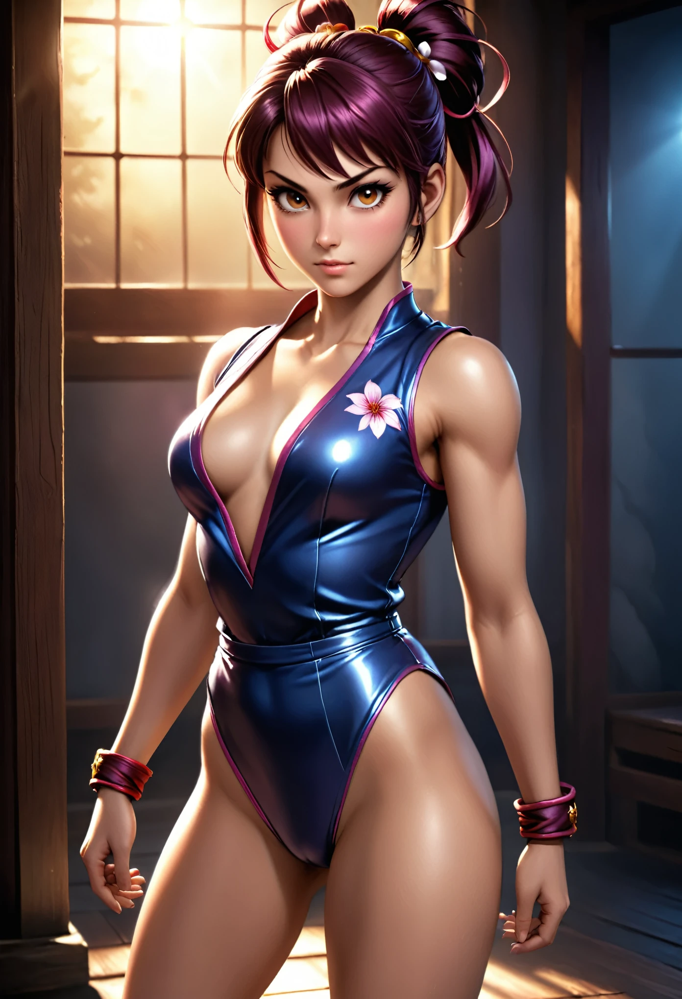 (Realisttic:1.2), analog photo style, (cute woman looking like Sakura Kasugano from "Street Fighter"), (cute detailed face, intensed detailed eyes), (her full body s a visual pleasure), faint smile, soft shading, lifelike skin texture, sexy and seductive, light reflection on the floor, three dimensional effect, gloomy dark atmosphere, play of light in the sun rays, faded colours, great quality, Masterpiece, intricate fantasy background, naturally cinematic light, 16k quality, HDR, RAW photo