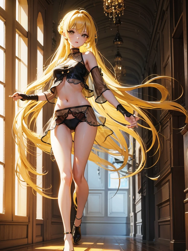 Head, standing in the hallway and wearing only lace panties, transparent,  crop top, yellow long chest length hair, 3d