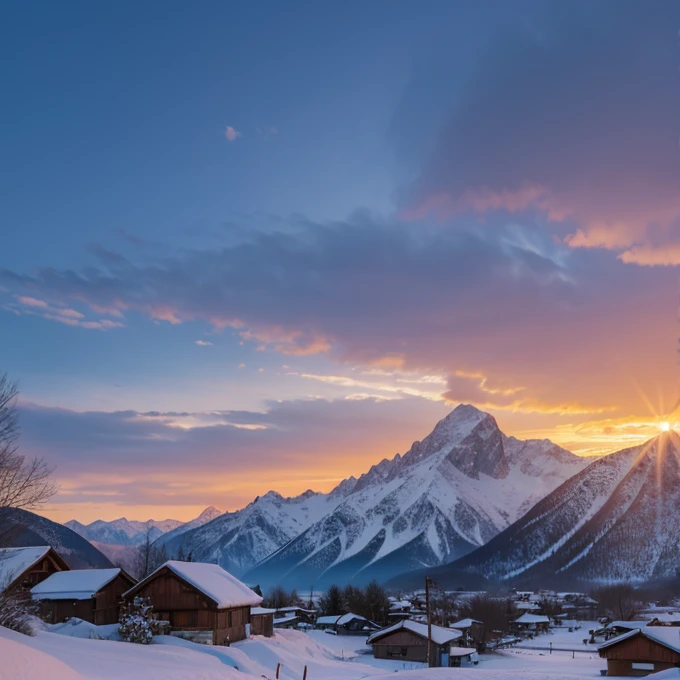 Village view, reallistic, Ultra details, ultra hd, Real shadow, Beautiful sunset, Distant mountains with snow at the end, Birds that decorate the sky, Real clouds.