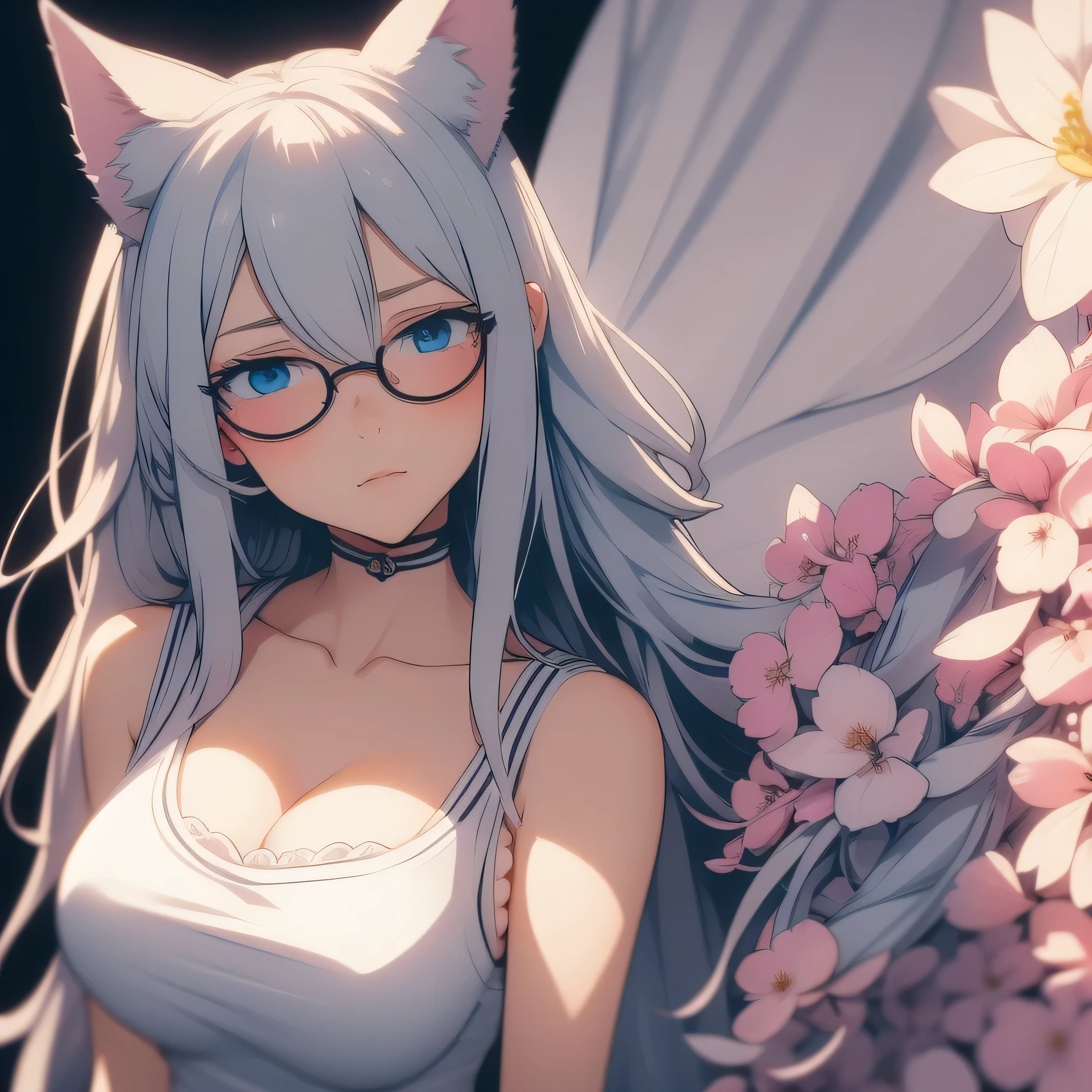 anime woman, white long hair, ribbons, flower in hair, blushing, blue eyes, cat ears, 8k, high res, 1 woman, good lighting, fine detail, (masterpiece), perfect face, best quality, looking at viewer, cleavage, expressive face, exposed shoulders, full body, panties, oversized t-shirt, glasses
