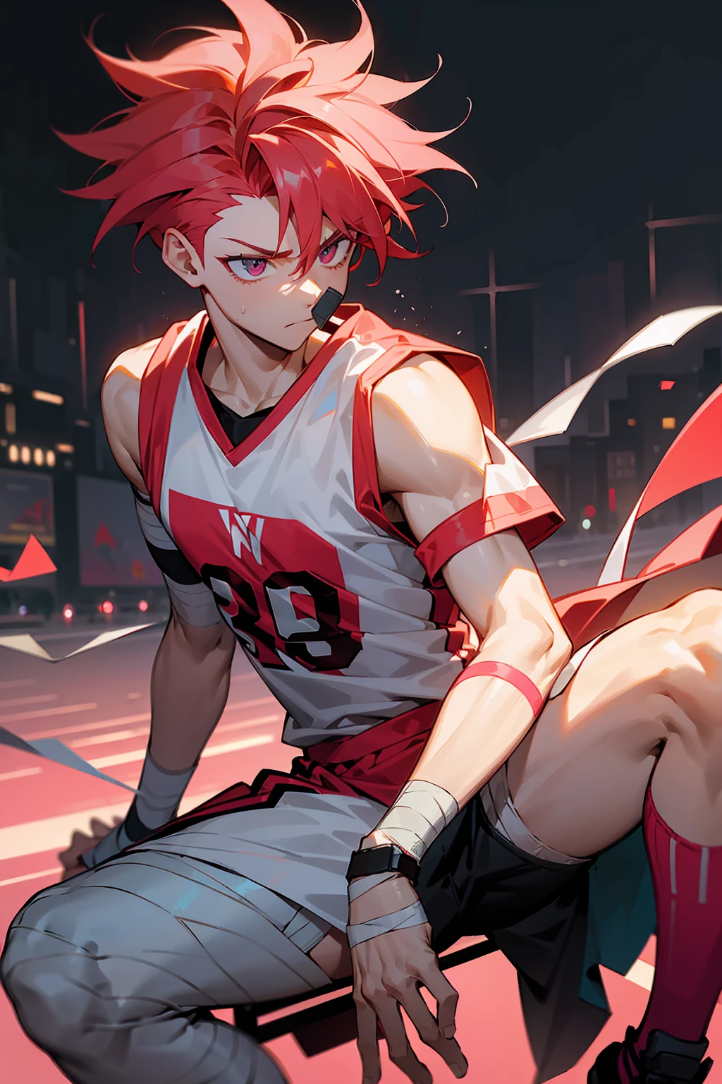 1male ,Bright Pinkish Red Hair , Bright Pinkish Res Eyes , Modern undercut Messy Hair , Basketball Jersey , Bandage Wrapped Wrist and Hand, Fitted Athletic Leg Sleeve, Modern City Background , Perfect Generation , Serious Expression