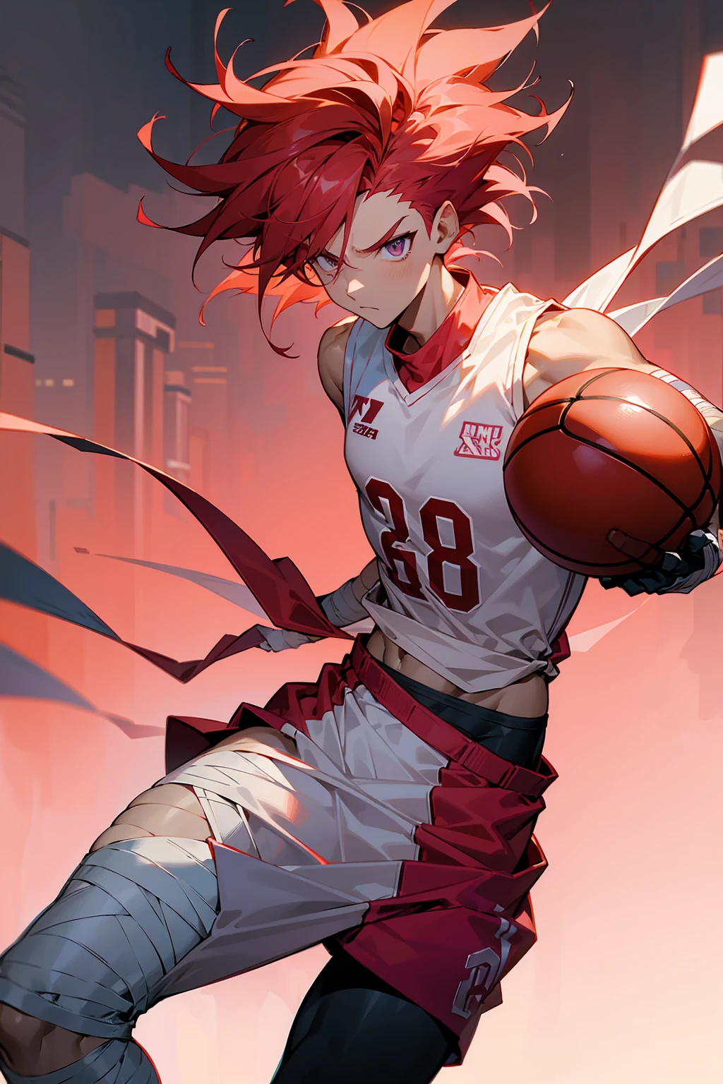 1male ,Bright Pinkish Red Hair , Bright Pinkish Res Eyes , Modern undercut Messy Hair , Basketball Jersey , Bandage Wrapped Wrist and Hand, Fitted Athletic Leg Sleeve, Modern City Background , Perfect Generation , Serious Expression