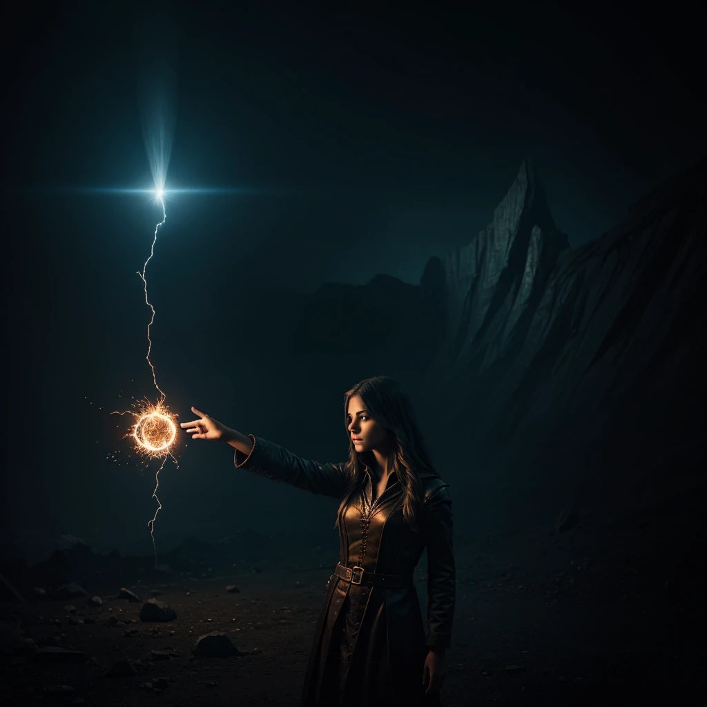 intricate detailed fantasy portrait of a cryptic girl casting a spell, girl with intense eyes and mystic expression, wastelands landscape, energy sparks up from the ground and connects to the girl, girl channeling energy blast, dark moody atmosphere, dynamic dramatic lighting, digital art, cinematic, (best quality,8k,masterpiece:1.2),ultra-detailed,(realistic,photorealistic,photo-realistic:1.37),volumetric lighting,chiaroscuro,moody colors,dark fantasy,surreal
