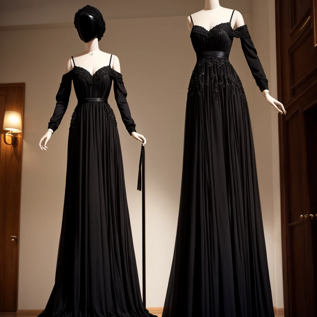 a mannequin on which hangs a beautiful full-length black dress