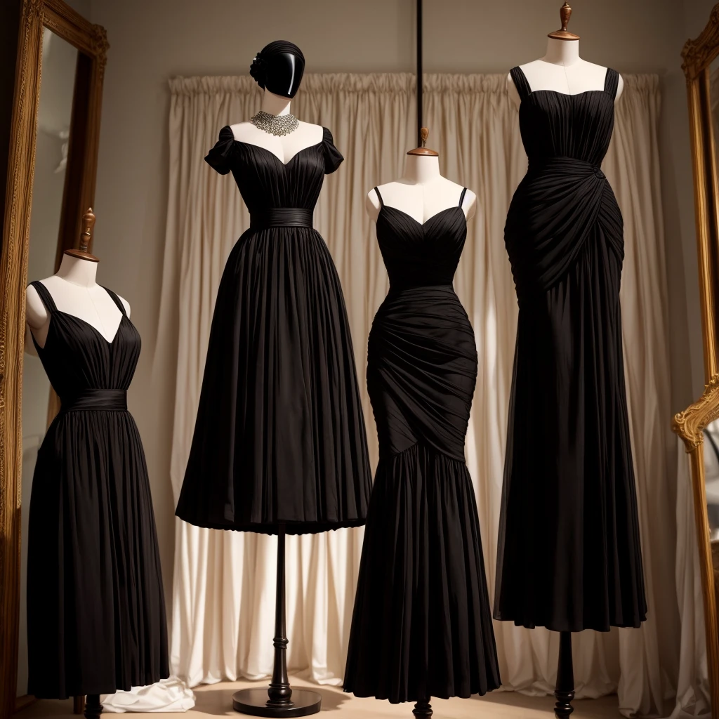 a mannequin on which hangs a beautiful full-length black dress