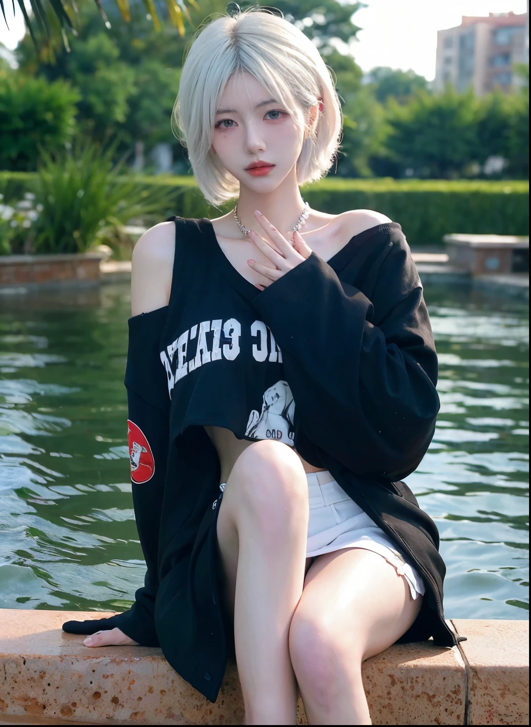 Beautiful woman with perfect figure:1.4,Swimming background,Desert Background,Ultra-high resolution,Seductive laughter,wear glasses,White legs,(lifelike:1.4),Layered Hairstyle,White皮肤,Super short pleated skirt,whole body,Very delicate face and skin texture,Double eyelids,Skin Whitening,Long hair,White hair,White,