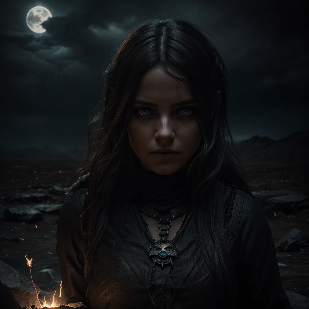 intricate detailed fantasy portrait of a cryptic girl casting a spell, girl with intense eyes and mystic expression, wastelands landscape, energy sparks up from the ground and connects to the girl, girl channeling energy blast, dark moody atmosphere, dynamic dramatic lighting, digital art, cinematic, (best quality,8k,masterpiece:1.2),ultra-detailed,(realistic,photorealistic,photo-realistic:1.37),volumetric lighting,chiaroscuro,moody colors,dark fantasy,surreal
