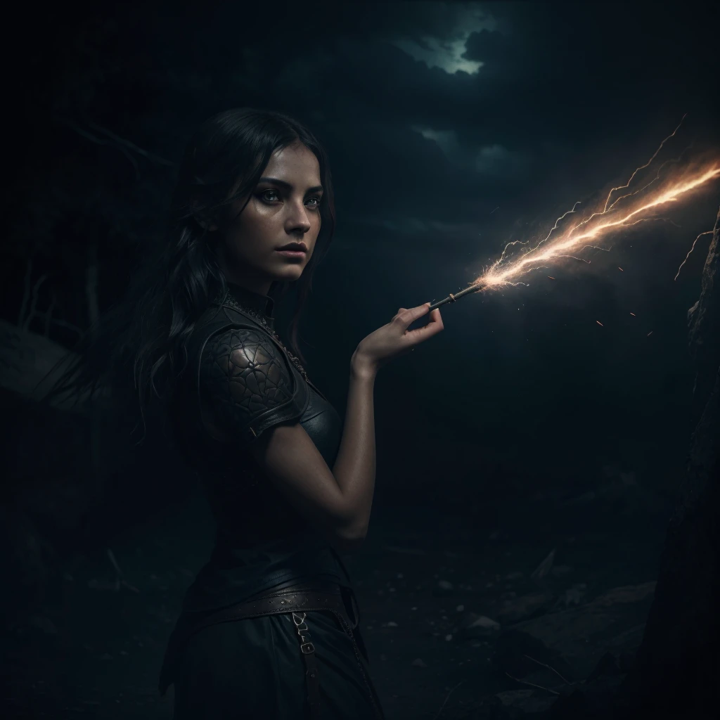 intricate detailed fantasy portrait of a cryptic girl casting a spell, girl with intense eyes and mystic expression, wastelands landscape, energy sparks up from the ground and connects to the girl, girl channeling energy blast, dark moody atmosphere, dynamic dramatic lighting, digital art, cinematic, (best quality,8k,masterpiece:1.2),ultra-detailed,(realistic,photorealistic,photo-realistic:1.37),volumetric lighting,chiaroscuro,moody colors,dark fantasy,surreal
