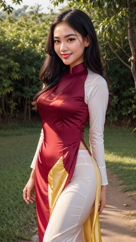 detailed body, attractive body, perfect human body, realistic face,
(ultimate quality, masterpiece, highres:1.0), realistic:1.6, photorealistic,
[8k UHD photos, UHD high quality photos, Super detailed and super clear images],
Close-up of a Vietnamese girl with a beautiful face and balanced body, leggy, round face, big round eyes, Charming smile, Red lips, long curly eyelashes, big dimples, pointed chin, plump face, Her face resembles BaoTran x Thanh Thanh, Tall and plump figure,
wearing a bright and shiny yellow silk ao dai, walking on the country road, pose sexy,
Nhìn từ bên hông,
Silk ao dai,