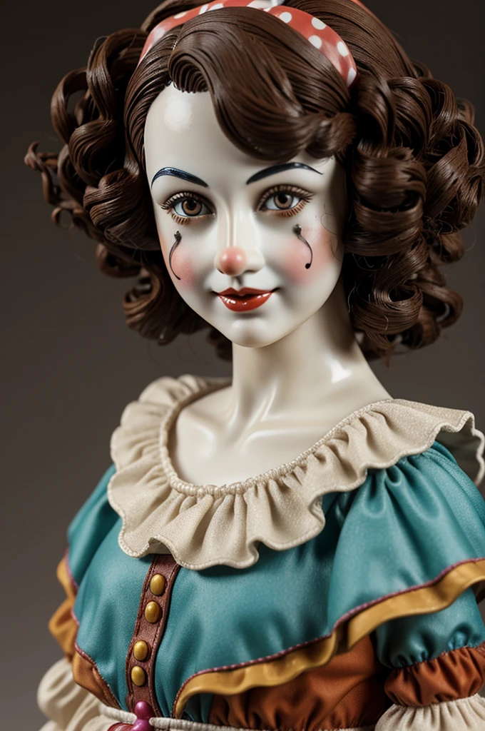Porcelain figurine of female clown with shoulder-length dark brown hair and brown eyes