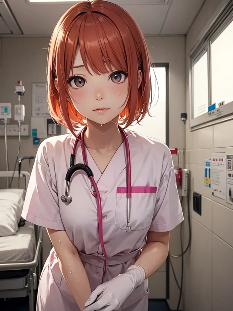 Beautiful young woman, Anime Style, Detailed face, Redhead, Wet Hair, Big eyes, pinkの目, Delicate features,One Girl, alone, nurse, pink, White gloves, Very short hair, Orange Hair, Are standing, ((Hospital room)), Sharp contours, Short sleeve, Tomboy, boyish, Highest quality, masterpiece、No hat、erotic、sexy