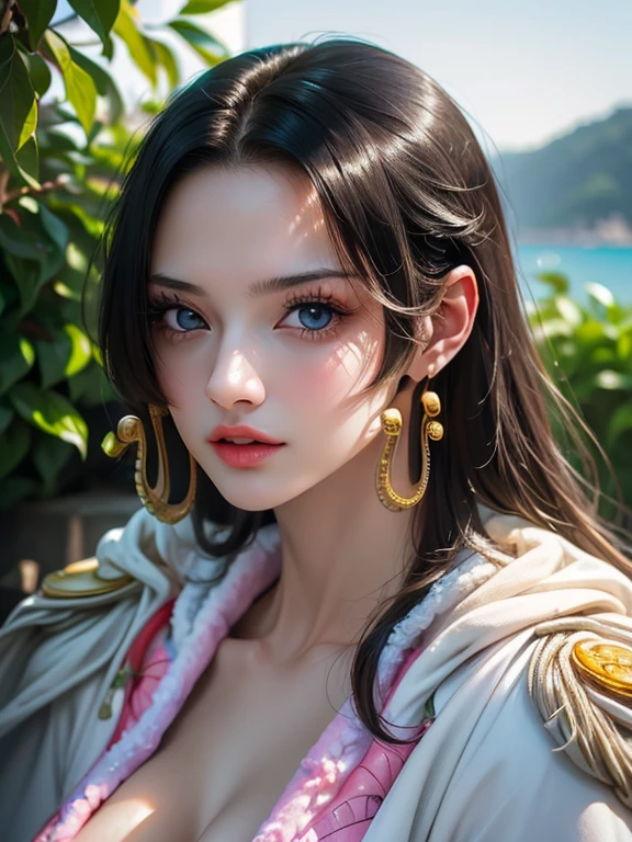 (masterpiece, best quality:1.4), (Face Focus:1.5), external, (Close to the sea), 1 Girl, Solitary, Hancock 1, 1 Girl, Boya Hancock, (((Full and soft breasts,)))(((Huge breasts))) (((Cleavage))), Long hair, Epaulettes, cape, (white cape:1), Top of crop, Long sleeve, Side slits, (Young women in Europe:1), Looking at the audience, Beautiful Smile, Pretty Face, Highly detailed face, Very detailed eyes, Subsurface scattering, Practical pupils, Full flush, Full lips, Detailed background, Depth of Field, Volumetric Lighting, Clear focus, absurd, Practical proportions, (Practical, hyperPractical:1.4), 16k High Dynamic Range