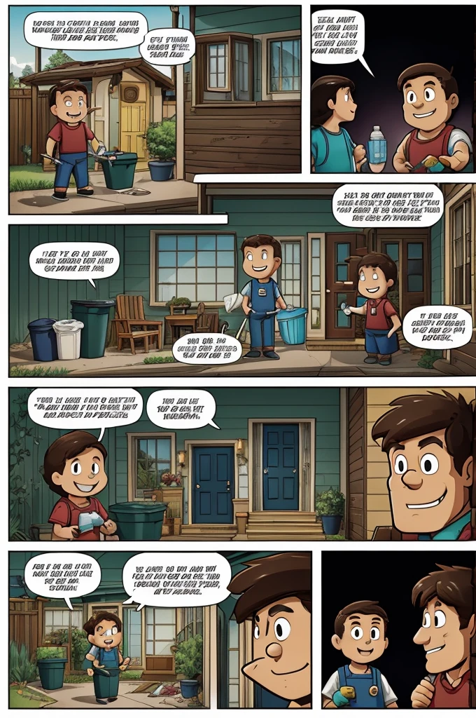 Creating a 6-page comic about not taking out the trash late could be a fun project! Here’s a brief outline to help you get started:  **Page 1: Introduction** - Panel 1: (Exterior of a house) Caption: "It's trash day tomorrow." - Panel 2: (Inside the house, living room) Character A: "Hey, did you remember to take out the trash?" - Character B: "Oops! I forgot!"  **Page 2: Consequences Begin** - Panel 1: (Morning scene, trash cans full) Caption: "Next Morning..." - Panel 2: (Street view, garbage overflowing) Neighbor A: "Looks like someone forgot the trash!" - Neighbor B (looking embarrassed): "Yeah... whoops!"  **Page 3: Escalating Situation** - Panel 1: (House, kitchen) Character A: "We should take it out now." - Character B: "I'll do it after breakfast." - Panel 2: (Outside the house, more neighbors noticing) Neighbor C: "They really need to remember!" - Neighbor D: "It's starting to smell!"  **Page 4: Confrontation** - Panel 1: (Evening, characters arguing) Character A: "You said you'd take it out!" - Character B: "I got busy!" - Panel 2: (Neighbor complaining at the door) Neighbor E: "You guys really need to be on top of this!"  **Page 5: The Resolution** - Panel 1: (Characters cleaning up) Character A: "Let's clean up this mess." - Character B: "We should set a reminder next time." - Panel 2: (Taking out the trash together) Caption: "Learning from mistakes."  **Page 6: Conclusion** - Panel 1: (Neighbor smiling) Neighbor F: "Finally! Good job, guys." - Panel 2: (Characters relieved) Caption: "Keeping the neighborhood clean and happy!"  Feel free to expand on each panel with dialogue and illustrations that fit your style and storytelling preferences.Creating a 6-page comic about not taking out the trash late could be a fun project! Here’s a brief outline to help you get started:  **Page 1: Introduction** - Panel 1: (Exterior of a house) Caption: "It's trash day tomorrow." - Panel 2: (Inside the house, living room) Character A: "Hey, did you remember to take out th
