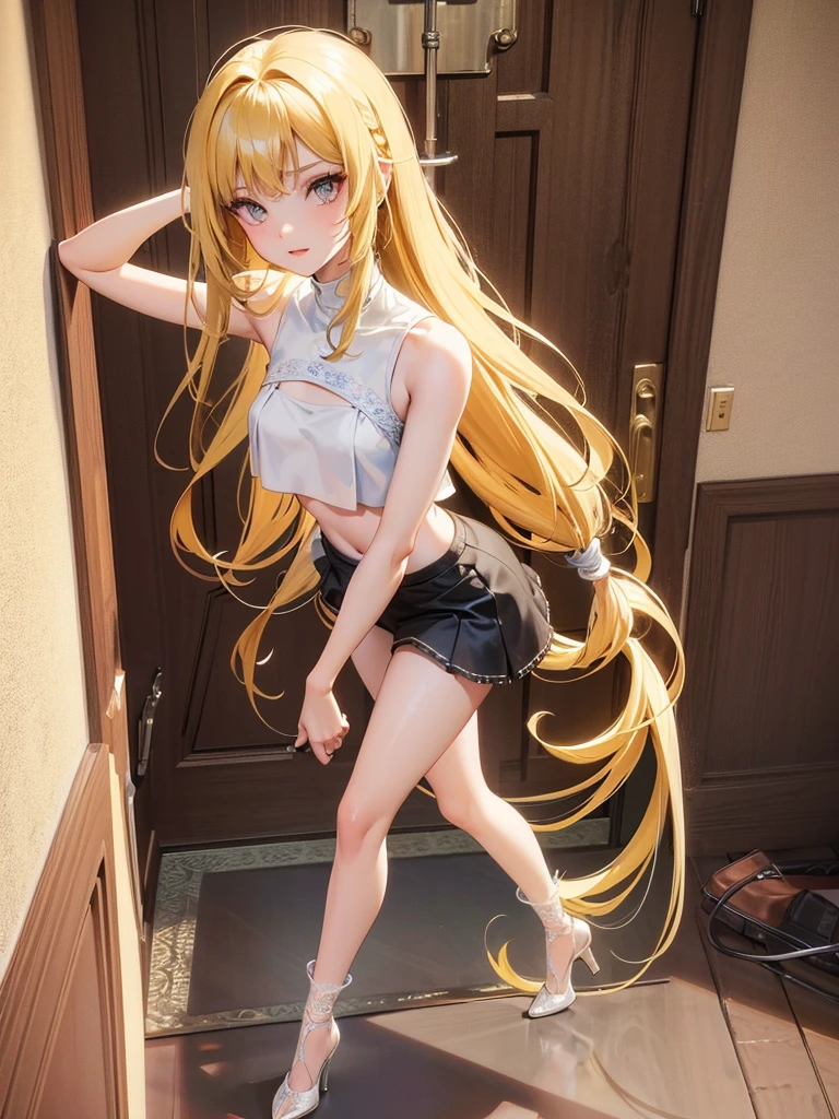 Head, standing in the hallway by the door looking at you and wearing only lace panties, transparent, crop top, yellow long chest length hair, 3d