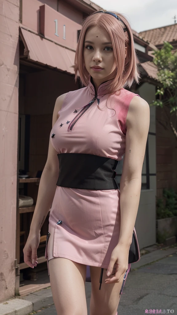 (((masterpiece+highest quality+High resolution+Very detailed))), Sakura Haruno, solo, (([woman]: 1.3 + [beauty]: 1.3+ pink hair: 1.5)), pink eyes, Bright Eyes, Dynamic angles and postures, wallpaper, ((natural big breasts:1.2)), Classical outfit, (Ultra Realistic:1.5), (Photo Realistic:1.5), (UHD:1.5), red qipao dress(sleeveless:1.4 ) with slits along the sides accompanied by a zipper and white circular designs, crystal tattoo at the forehead:1.5, slim body shape, Wear Black Trench Coat :1.2
