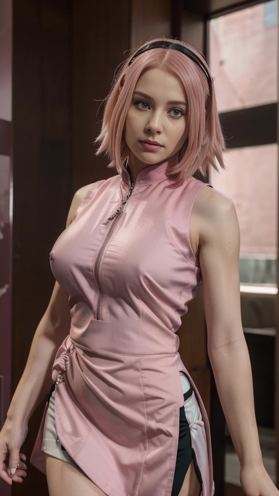 (((masterpiece+highest quality+High resolution+Very detailed))), Sakura Haruno, solo, (([woman]: 1.3 + [beauty]: 1.3+ pink hair: 1.5)), pink eyes, Bright Eyes, Dynamic angles and postures, wallpaper, ((natural big breasts:1.2)), Classical outfit, (Ultra Realistic:1.5), (Photo Realistic:1.5), (UHD:1.5), red qipao dress(sleeveless:1.4 ) with slits along the sides accompanied by a zipper and white circular designs, crystal tattoo at the forehead:1.5, slim body shape, Wear Black Trench Coat :1.2
