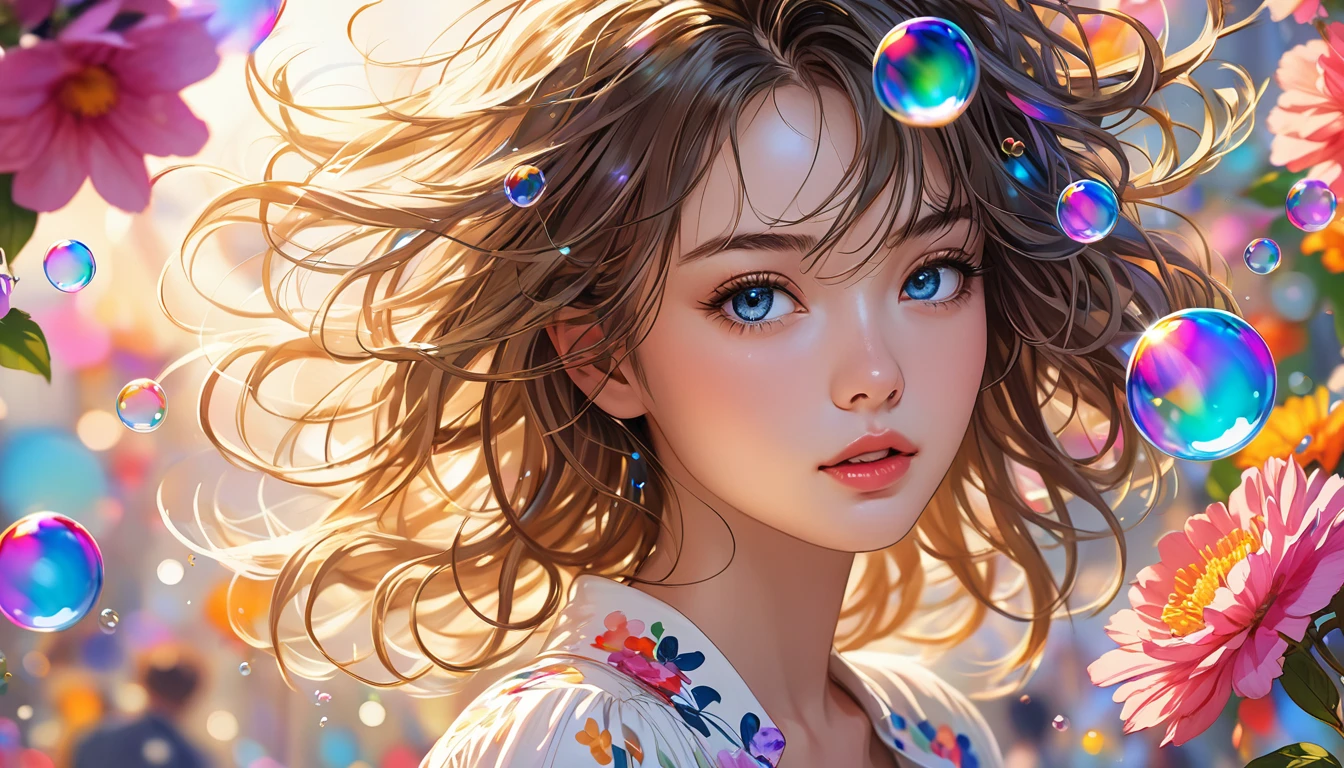 (masterpiece), (best quality), (Super detailed),(Messy hair),(illustration), (1 person), permanent, fashion model, Looking at the audience, (interview), (Detailed background),Beautiful and delicate eyes, Delicate and beautiful face, floating,(High Saturation),(Colorful splash),Colored bubbles,(shining), Focus on the face, Floating flowers, Floating hair, (shining), Optimal lighting, The best shadow, Only 1 bad