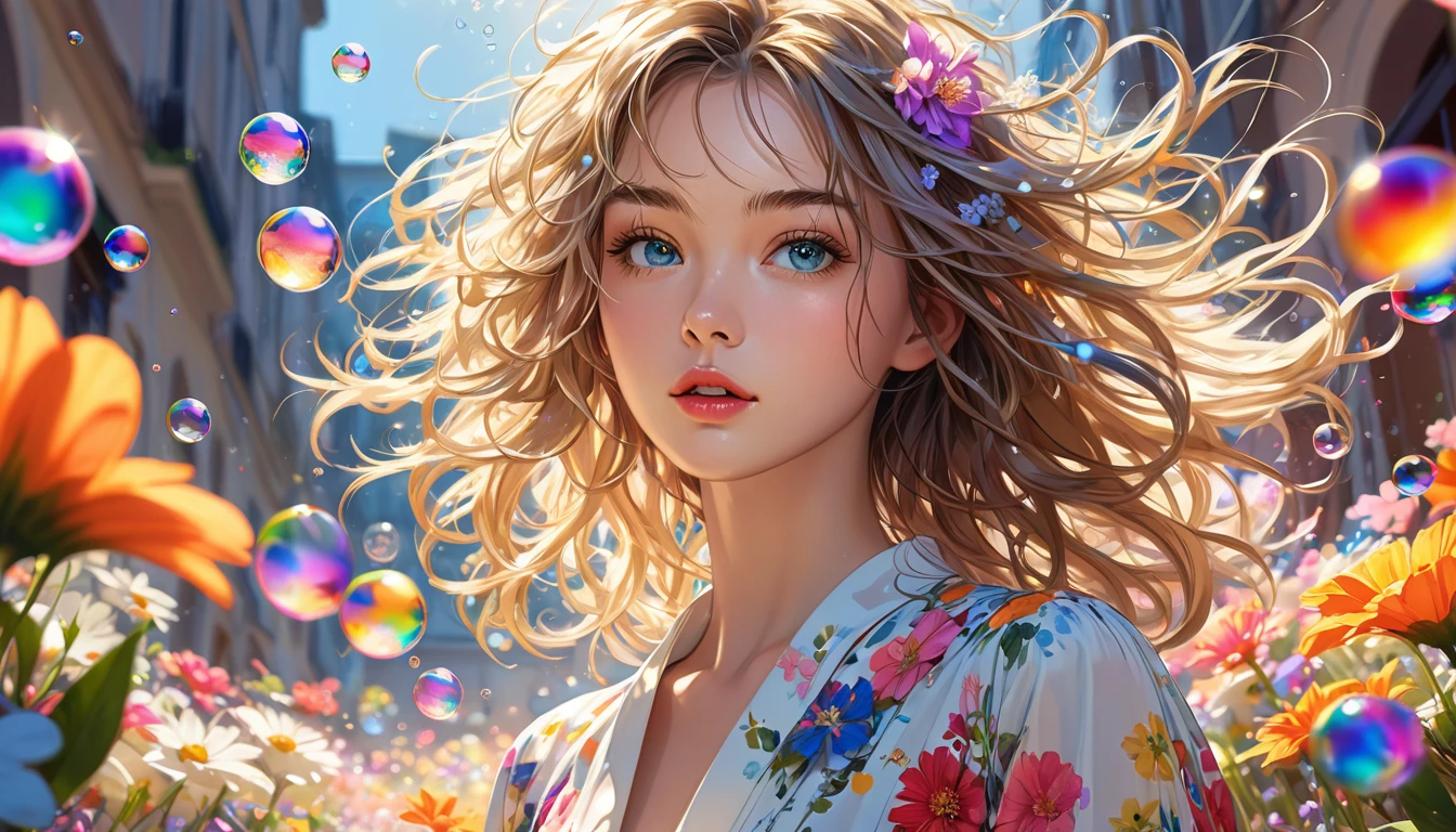 (masterpiece), (best quality), (Super detailed),(Messy hair),(illustration), (1 person), permanent, fashion model, Looking at the audience, (interview), (Detailed background),Beautiful and delicate eyes, Delicate and beautiful face, floating,(High Saturation),(Colorful splash),Colored bubbles,(shining), Focus on the face, Floating flowers, Floating hair, (shining), Optimal lighting, The best shadow, Only 1 bad