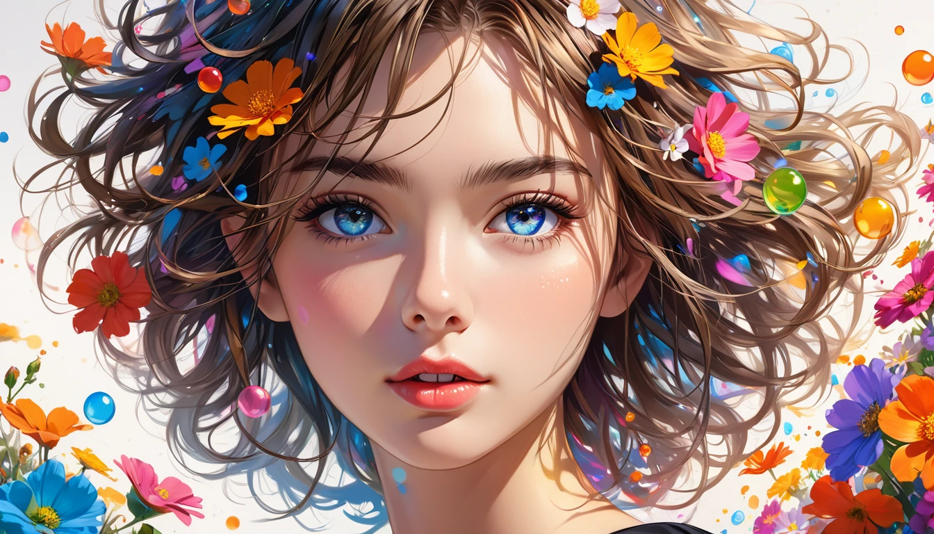 (masterpiece), (best quality), (Super detailed),(Messy hair),(illustration), (1 person), permanent, fashion model, Looking at the audience, (interview), (Detailed background),Beautiful and delicate eyes, Delicate and beautiful face, floating,(High Saturation),(Colorful splash),Colored bubbles,(shining), Focus on the face, Floating flowers, Floating hair, (shining), Optimal lighting, The best shadow, Only 1 bad