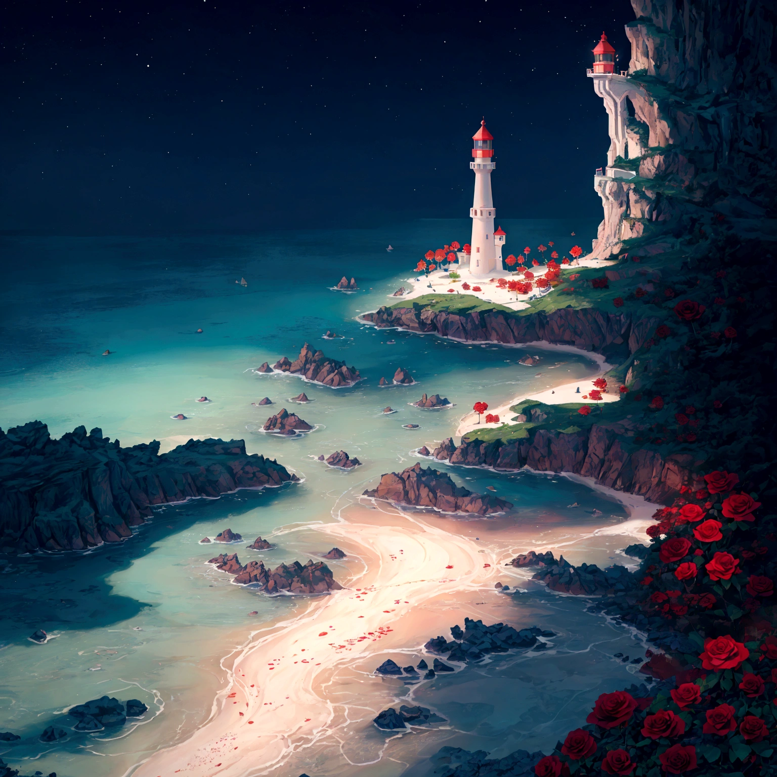 Seaside at night,Long shot,In the distance is the quiet and bright starry sky and islands,There is glowing sea water in the lower right corner of the picture,There is a lighthouse on the seaside,(There is a bright, winding path along the seaside that extends to the south,There are large patches of glowing red roses growing on the seashore),Glowing rose petals floating on the sea,Clear edge glow rendering,Neon light effects,Strong color contrast,Emphasize the bright colors in the lower right corner,水彩画Ink splashing质感,Light and Shadow Art,Gorgeous, romantic, beautiful and dreamy atmosphere,Large game CG scenes,Light painting rendering,Light particle effects,Flowing Lights,Bright lights flashing on the seaside, Beautiful art UHD 4K, Oil painting texture,Beautiful Numbers艺术作品, A quiet night. Digital Illustration, A beautiful artistic illustration, Beautiful Numbers, Amazing wallpapers, 4k highly detailed digital art, Fantasy seascape, 4K HD illustration wallpaper, beautiful Digital Illustration,8k concept art,Utopian Fantasy Art,Ink splashing